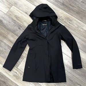 Black Marmot Rain Jacket with Adjustable, Detachable Hood